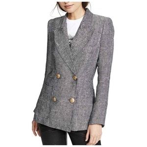 SMYTHE Unstructured Linen Double Breasted Blazer in Black & White Herrin…